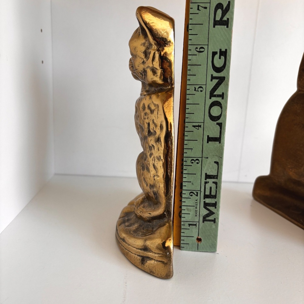 Vintage Brass Cat Bookends Set Heavy Gold Tone Sitting Tabby Feline Decor - Picture 6 of 8